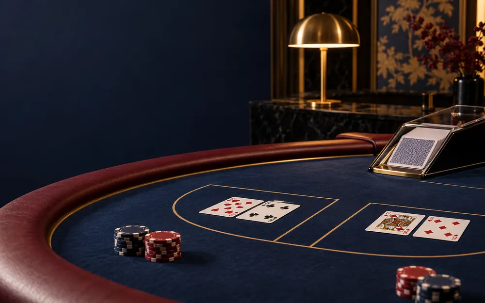 Elegant baccarat table with cards, shoe and modest chip stacks