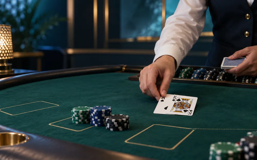 Blackjack table with an ace and king, dealer hands and modest chip stacks