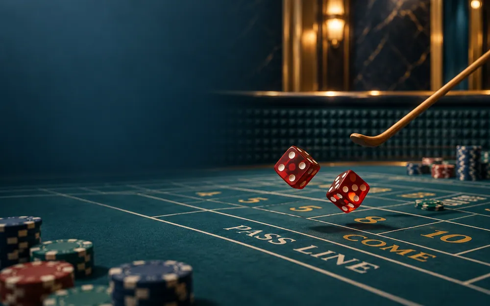 Two red dice moving above a craps table with a dealer stick