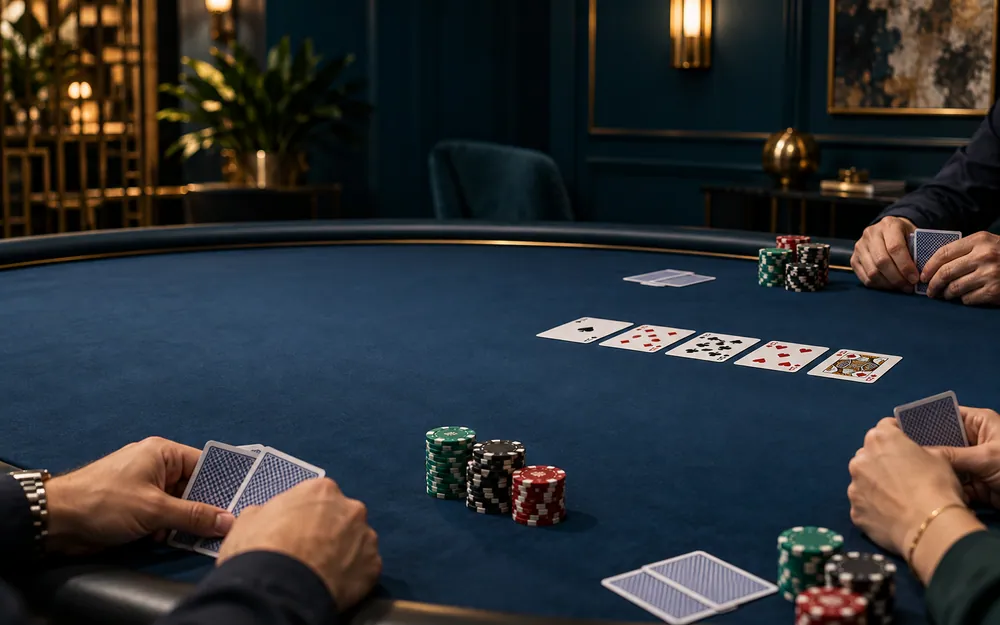 Professional poker table with community cards, player hands and modest chips