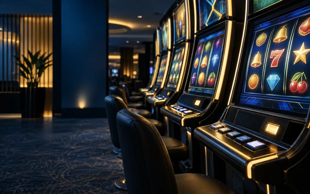 Row of modern electronic gaming machines with abstract reels