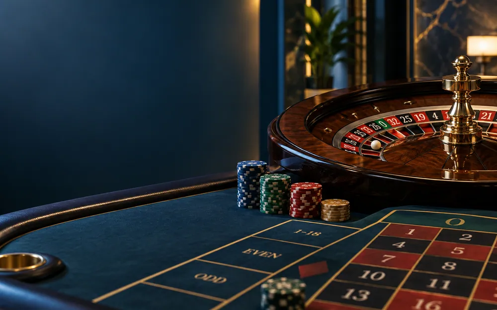 Single-zero roulette wheel, betting layout and modest chip stacks