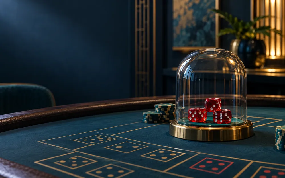 Three red dice beneath a clear Sic Bo dome on a casino table