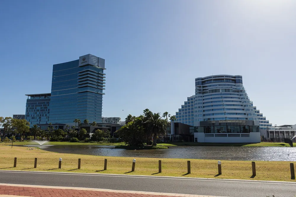 Crown Perth resort buildings viewed across parkland in Burswood