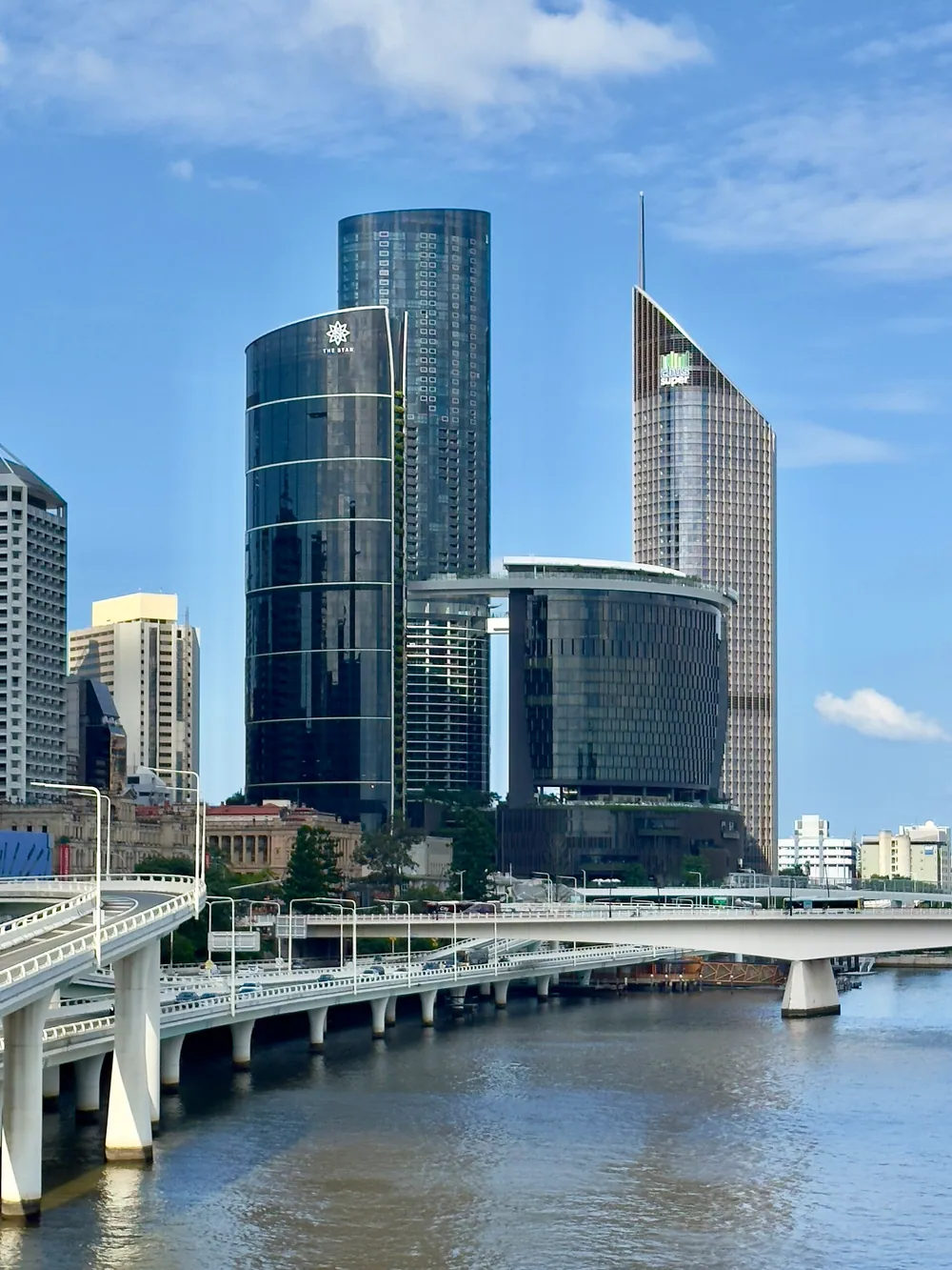 The Star Brisbane and Queen's Wharf towers beside the Brisbane River