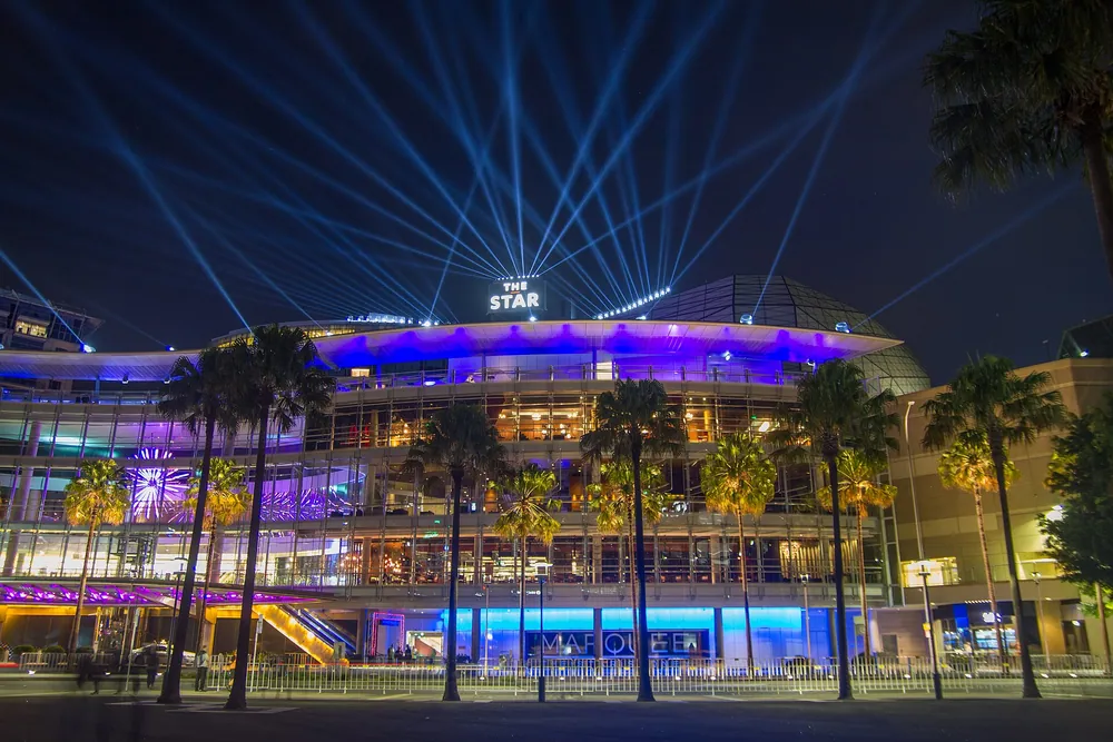 The Star Sydney exterior illuminated at night in Pyrmont